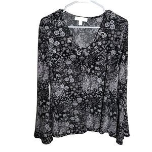 Michael Kors Blouse Women's Large Gray Long Sleeve Printed Career Shirt Top